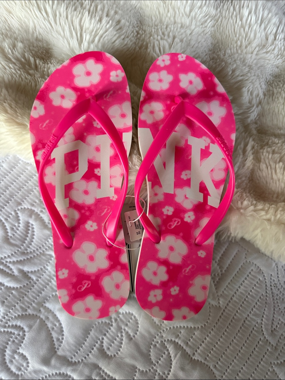 PINK Victoria's Secret Bright Pink Floral Logo Flip-Flops